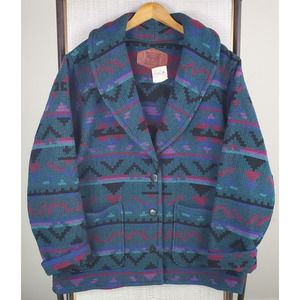 VTG WOOLRICH Size XL Womens Wool USA Made Southwest Shawl Chore Coat Turquoise